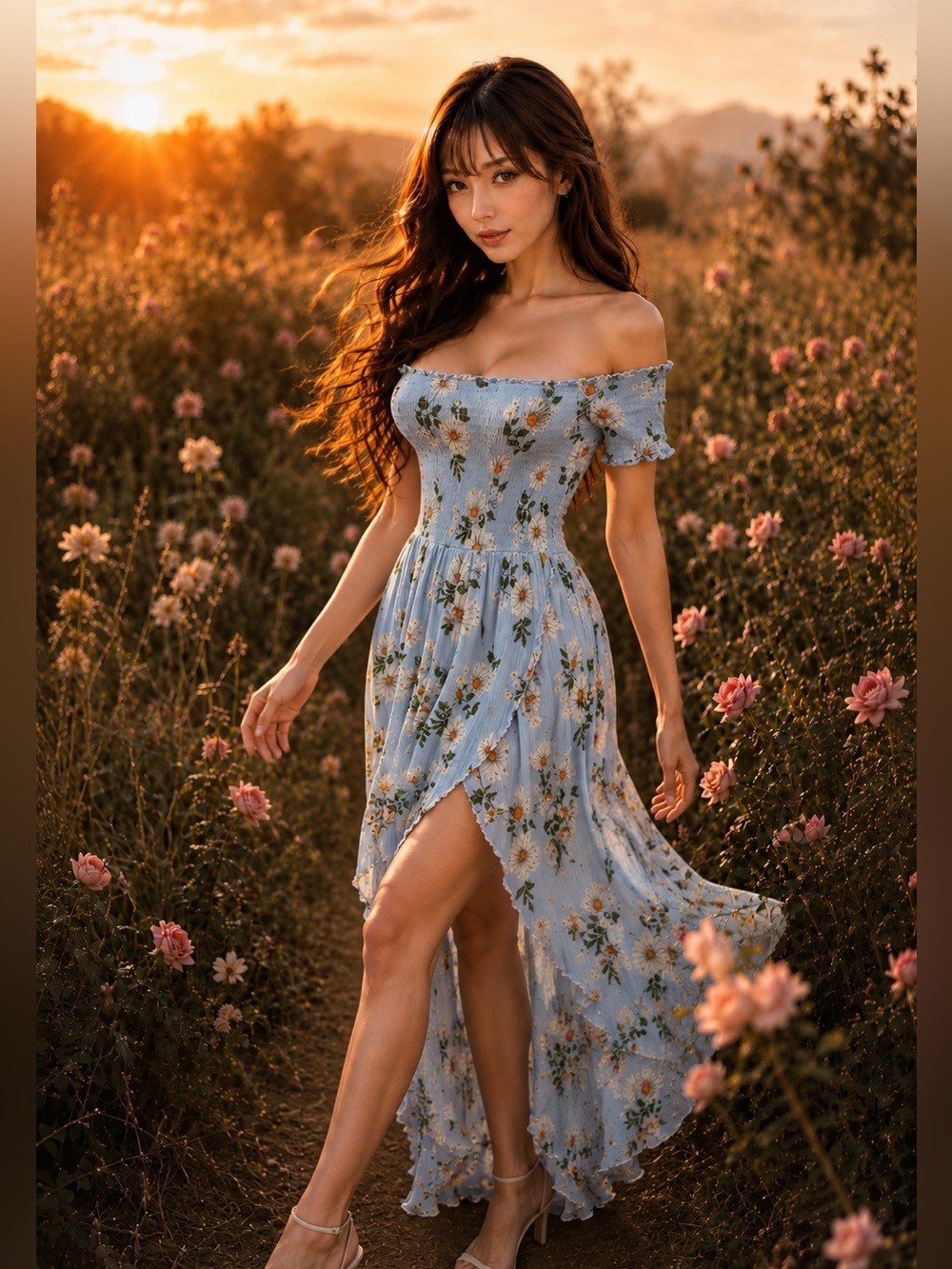Daisy Skies & Meadowlight smocked off shoulder flowy maxi dress